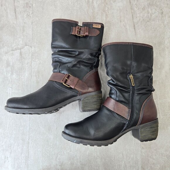 Pikolinos Moto Boots Womens 6.5-7 Black Leather Buckle Biker Block Heel Booties - Picture 6 of 14